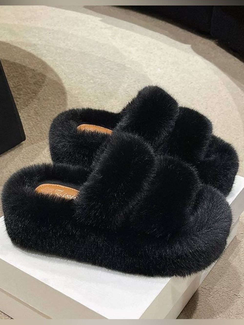 Black Faux Fur Slide Slippers - Women